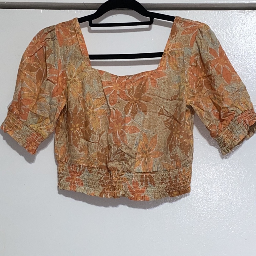 ROXY "Million Waves Again" Cropped Smocked Floral Blouse Sz Small